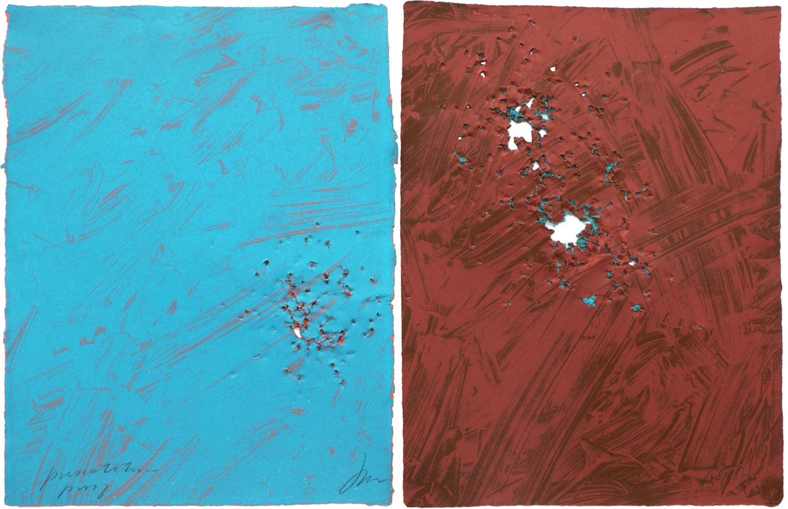 Joe Goode  Untitled, 1981-82  Lithograph with gunshot impression by artist (diptych)