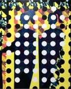 Acrylic on canvas painting of two female figures with ponytails under a pattern of dots by Alex Heilbron