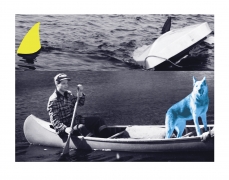 John Baldessari  Man, Dog (Blue), Canoe/Shark Fins (One Yellow), Capsized Boat, 2002  Lithograph